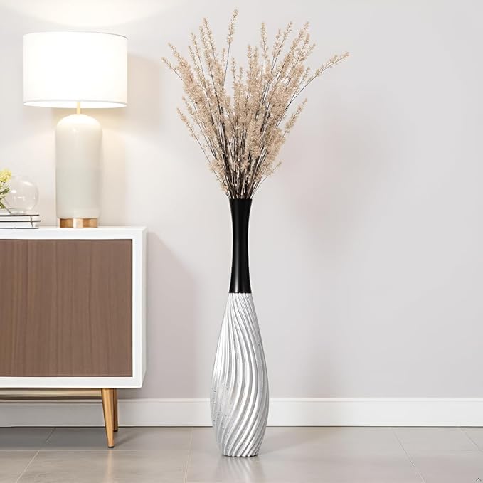 23.6" Silver Tall Vases - Black Neck Teardrop Tall Floor Vase with Textured Vertical Lines & Speckled Finish, Modern Decorative Floor Vase for Living Room, Office, Wedding Decor - Resin