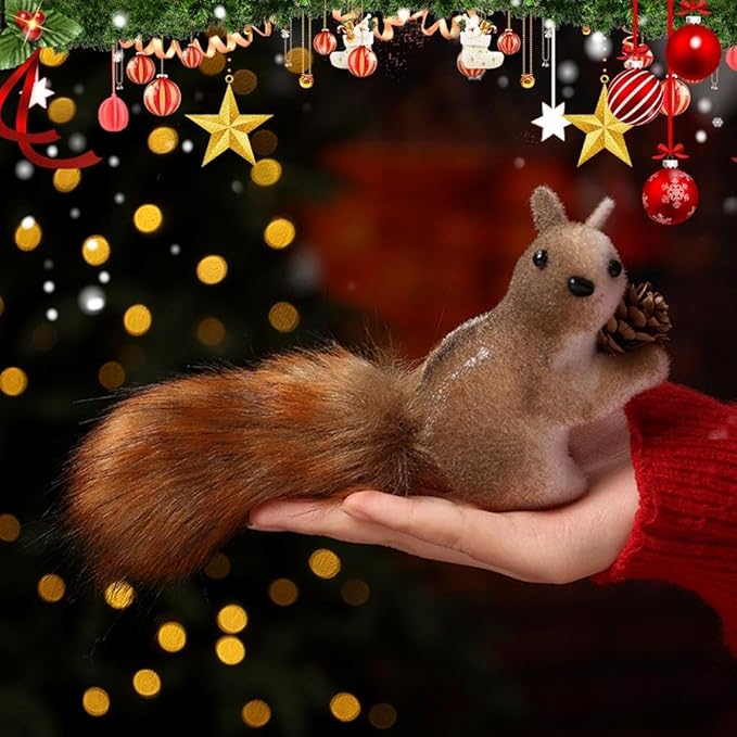 Cute Furry Christmas Squirrel Ornaments, Squirrel Christmas Ornament – 5.5" Foam Plush Woodland Decoration with Lifelike Details, Lightweight & Durable (A)