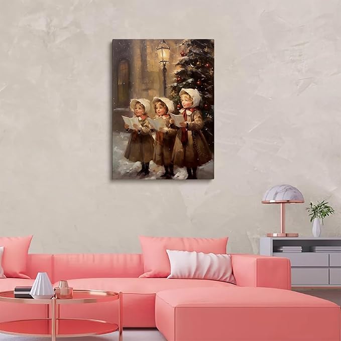 Christmas Carolers Wall Art,Three Children Christmas Carolers Poster,Christmas Decor,Holiday Decor,Winter Print,Christmas Print,Nursery Decor Art,Vintage Winter Christmas Print12x16inch Framed Art
