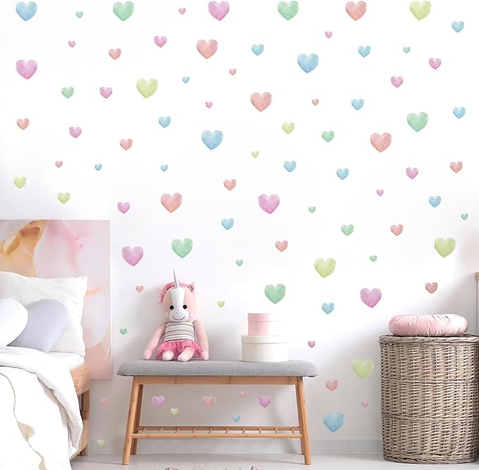 Watercolor Heart Wall Stickers,Colorful Heart Wall Decals,Easy to Peel and Stick Multicolor Heart Wall Decoration for Kids Bedroom Wallpapper Nursery Living Room Classroom Wall Décor