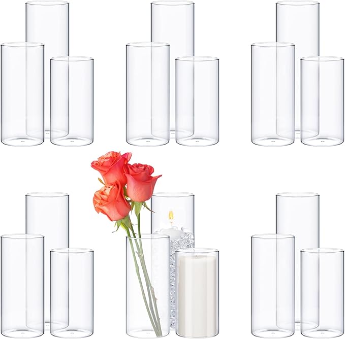 18 Pcs Cylinder Vases Set for Centerpieces, 6/8/10 Inch Tall Clear Glass Vase, Hurricane Floating Candle Holder for Wedding Table Decor, 2.5''/2.7''/3.3''' Diameter (3.3'' X 5.9'',7.9'',9.8'')
