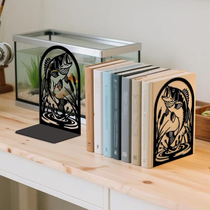 Peacoblue Metal Bookends for Shelves, Modern Decorative Heavy Duty Study Book Ends Stoppers for Office, Desk, Shelf, Room 5.3"x4.3"x7.9" Cast Iron Simple Tall Bookends 1 Pair (Fish)