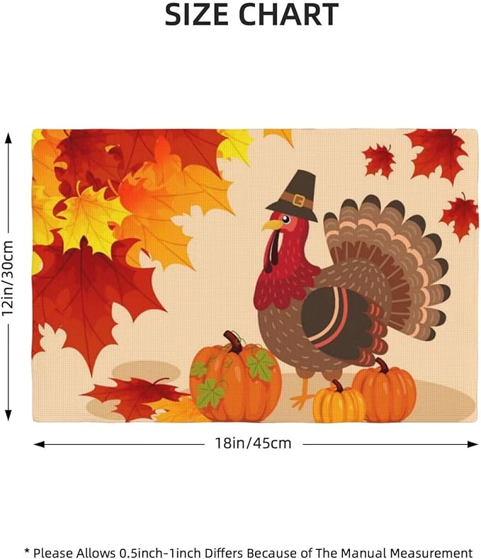 Thanksgiving Day Placemats, Autumn Red Orange Maple Leaves Fall Funny Turkey Pumpkins Table Mats for Harvest Holiday Indoor Outdoor Table Decoration, 4PCS
