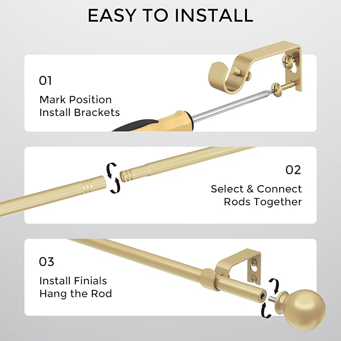2 Pack Gold Curtain Rod for Windows 18-45 Inch, 5/8 Inch Small Window Treatment Rods, Short Adjustable Splicing Drapery pole, Brass Gold