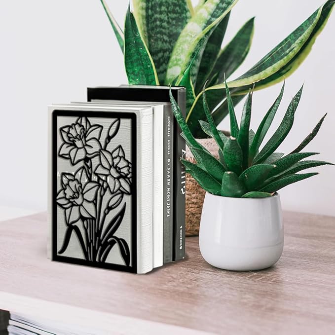 Peacoblue Metal Bookends for Shelves, Modern Decorative Heavy Duty Study Book Ends Stoppers for Office, Desk, Shelf, Room 5.3"x4.3"x7.9" Cast Iron Simple Tall Bookends 1 Pair (Daffodils)