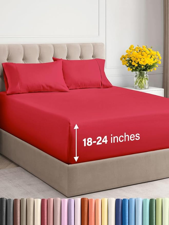 Extra Deep Twin Sheet Set - 4 Piece Breathable and Cooling Sheets - Hotel Luxury Bed Sheets Set - Easy & Secure Fit - Soft, Wrinkle Free and Comfy Sheets Set - Red Sheet Set with Extra Deep Pockets