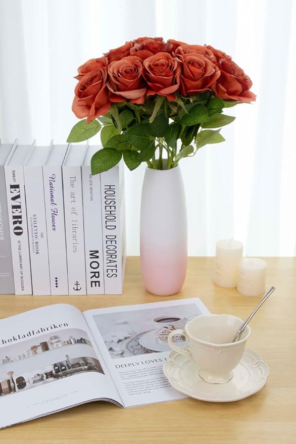 Artificial Rose 30Pcs Burnt Orange Rose Flower Artificial Flowers Flower with Long Stem Silk Roses Bouquet for Wedding Bridal Shower Party Home Decoration