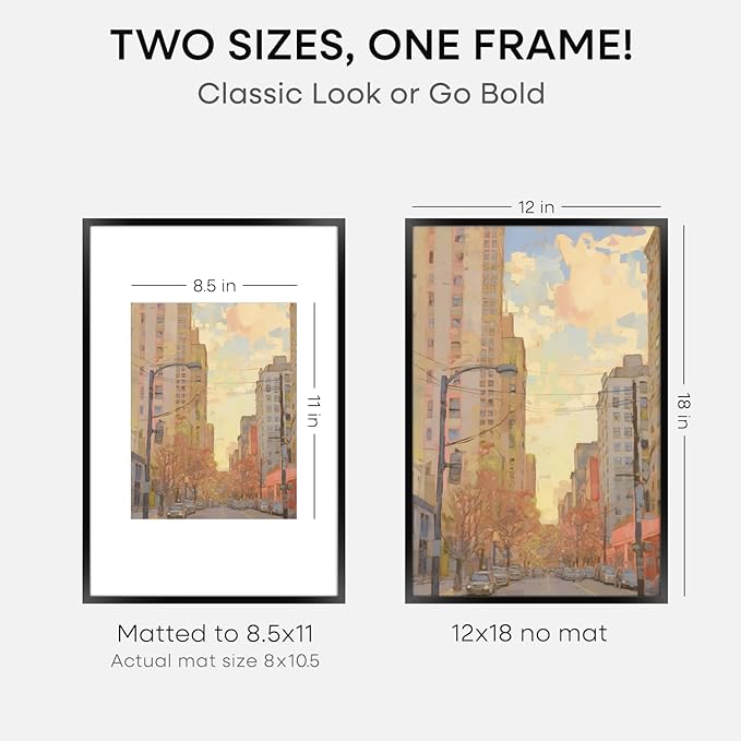 Homeforia 12x18 Picture Frame Black, High End Metal 12x18 Poster Frames with Mat 8.5x11 Photo, 12 x 18 Black Frames Matted to 8.5 by 11 inch Print, 18x12 Thin Frame, Tempered Glass, Wall Kit, Set of 4