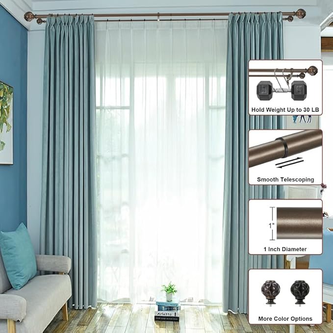 Antique Bronze Double Curtain Rods, 28 to 48 Inch, Decorative Drapery Rods with Classic Finials, Adjustable 1-Inch Front and 5/8 Inch Back