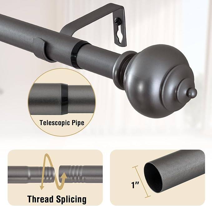 H.VERSAILTEX Curtain Rods for Windows 16.2 to 28.2 Inches 1 inch Diameter Adjustable Decorative Telescoping Curtain Rod with Brackets Heavy Duty Splicing Window Rods with Decorative Finials, Dark Grey