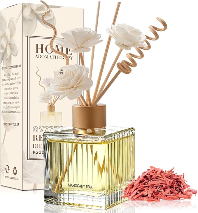 Mahogany Teak Reed Diffuser Set - 6.7 oz Glass Bottle with 4 Rattan Sticks, 3 Dried Flowers | Adjustable, Long-Lasting Scent for Home, Bedroom, Living Room, Office, Bathroom | Aromatherapy Gift Set