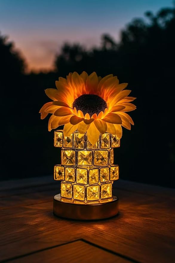 Crystal Cube LED Night Light with Sunflower Vase, USB Rechargeable Table Lamp, 3 Color Modes, Touch Control, Decorative Accent Light for Bedroom, Home (Rubik's Cube Crystal (Sunflower))
