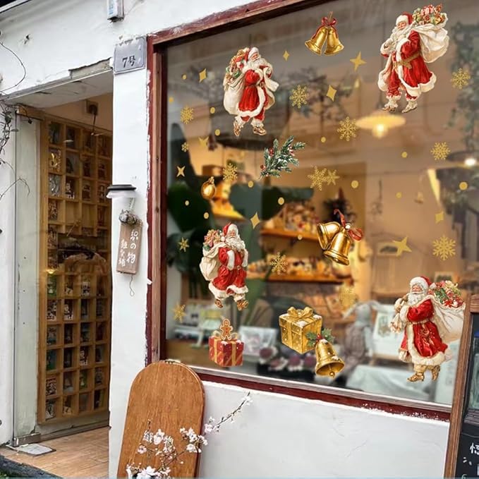 Vintage Santa Claus Christmas Wall Decals | Peel and Stick Retro Holiday Decorations – Removable Gold Snowflake & Gift Vinyl Stickers for Walls, Windows, Office, and Seasonal Décor