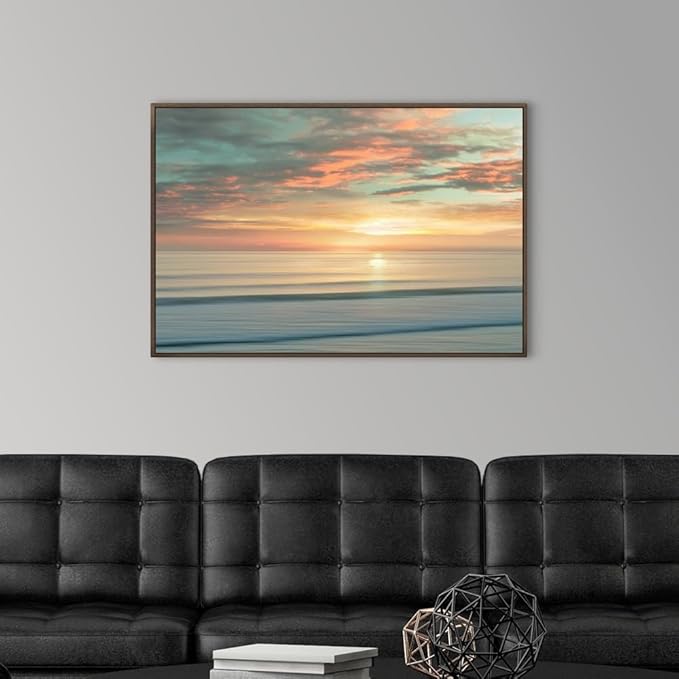 CANVAS ON DEMAND Beach Sunrise Walnut Float Framed Canvas Wall Art Print by Alex Hanson, Contemporary, Home Decor, Ocean Artwork,36" x24in