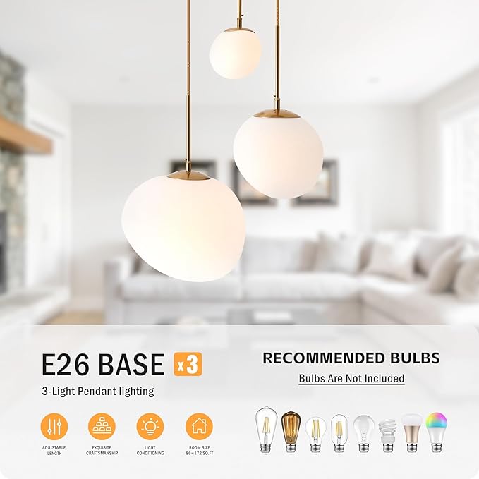 EFPefect 3 Lights Pendant Light for Kitchen Island Modern Globe Cluster Chandelier Ceiling Light Fixture for Dining Living Room Bedroom