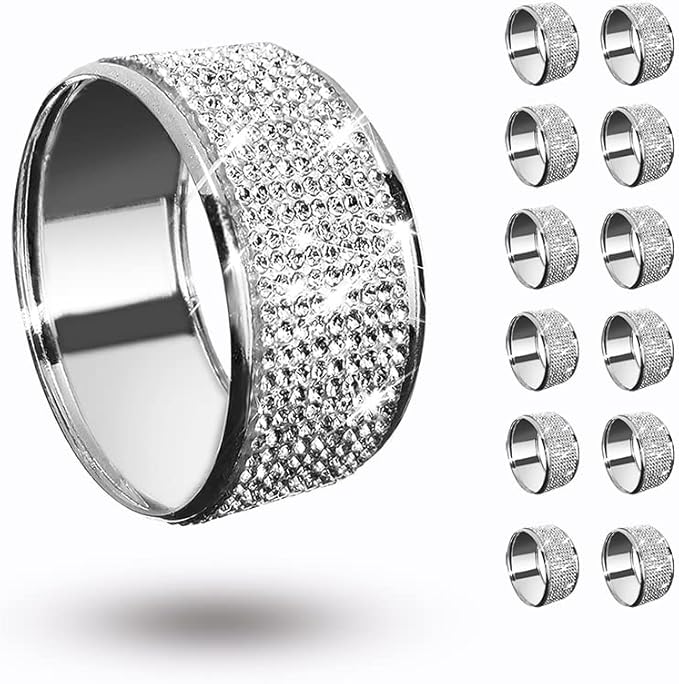 Silver Diamond Napkin Rings Set of 12, Rhinestone Napkin Holder for Dining, Table Decorations,Wedding,Bling Cloth Holder Full of Crushed Diamond,Silver Napkin Ring Party of Table Setting Home Décor