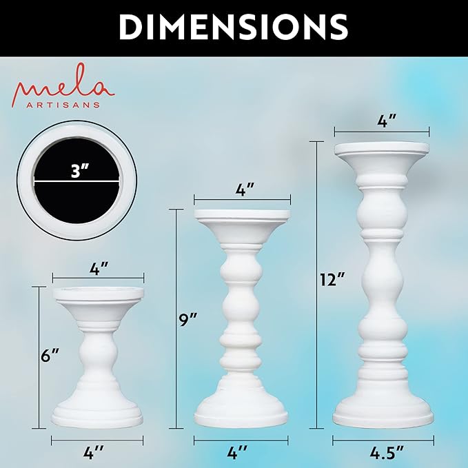 Mela Artisans Wooden Pillar Candle Holders | Willow Design | Set of 3 Mango Wood Candlesticks | Matte White | Sizes 6" & 9" & 12" | Table Decor | Centerpiece | Mantel | Wedding | Living Room Decor