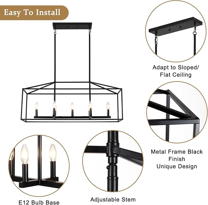 Dining Room Chandelier,7 Light Kitchen Island Light Modern Farmhouse Chandeliers Contemporary Pendant Light Matte Black Finish Rectangle Modern Pendant Light Adjustable Height