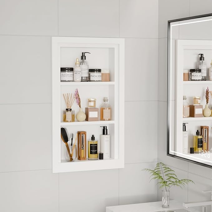 Solid Wood 14 X 24 Recessed Medicine Cabinet,3-Tier, Medicine Cabinet Organizer,Wall Niche, Bathroom Wall Cabinet, Recessed Bathroom Cabinet,recessed Wall Cabinet, Bathroom Cabinet With Storage, White