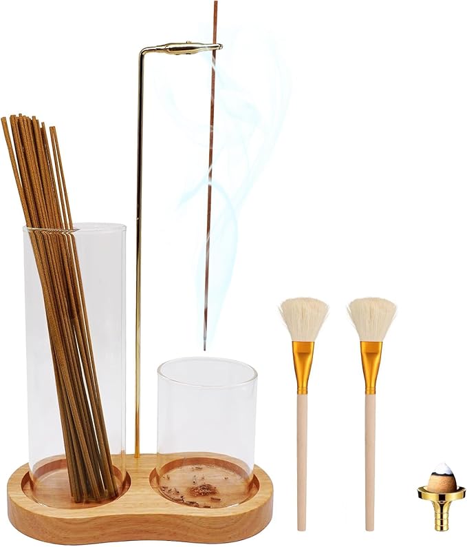 3-in-1 Incense Holder for Sticks with Enlarged Ash Catcher, Anti-Scatter Glass Tray for a Serene Home, Yoga, or Spa, Includes Dedicated Cone Holder and Cleaning Brush（Not Included Incense Sticks）