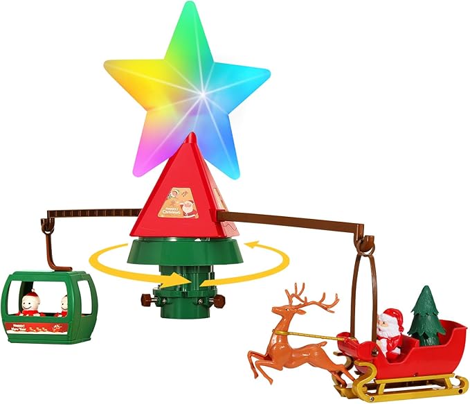 Luxspire Christmas Tree Topper with Rotating Animated Santa Deer Sled and Snowman Cable Car, Multicolor Lighted Christmas Star with Music, Tree Topper Decoration for Holiday Home