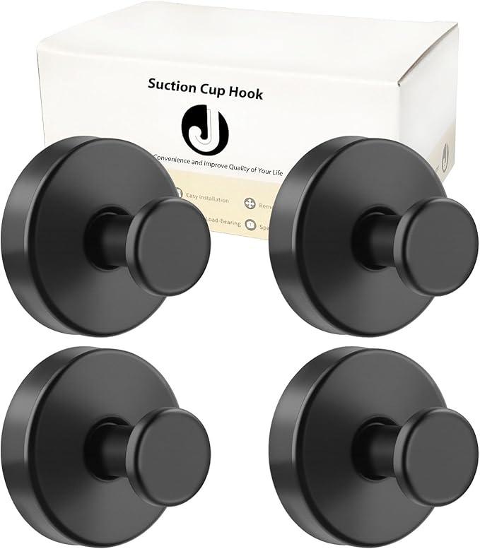 Suction Cup Hooks for Towels Robes, Heavy Duty Wreaths Hanger for Glass Door Bathroom Shower Hooks Stainless Steel, No Drill on Smooth Wall,Glass,Mirror, Tile for Swimsuit Washcloths (4, Black)