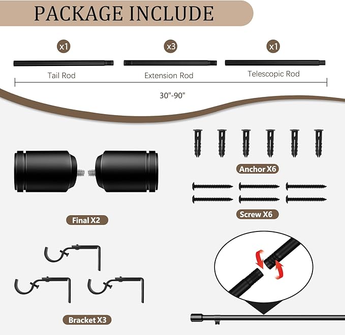 1” Diameter Black Curtain Rods for Windows, 1 Pack 30-90 Inch Heavy Duty Window Rods, Long Adjustable Curtain Rod, Fits Most Standard Windows, Suitable for Bedroom, Living Room, Farmhouse