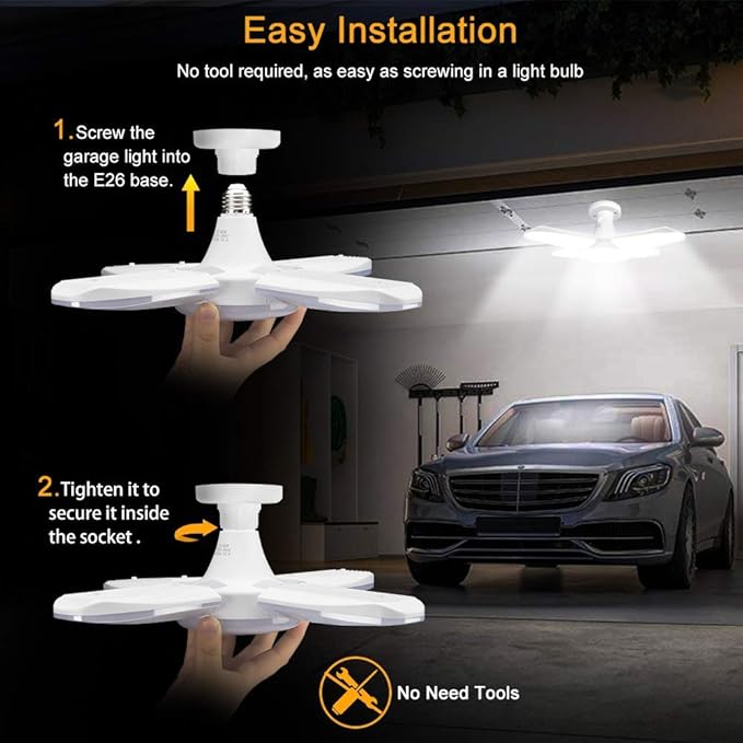 (4 Pack) LED Garage Lights, 60W Trilights Ceiling, High Low Bay Deformable Adjustable 4 Led Light Bulbs 6000LM 6000K, Screw in Tribright Garage Lighting Fixture,CRI80 Daylight