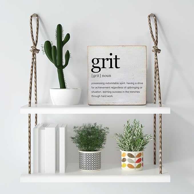 Motivational Grit Gift Grit Definition Art Quotes Wooden Box Sign Desk Decorative Wooden Sign Home Decor for Table Shelf 5 x 5 Inches