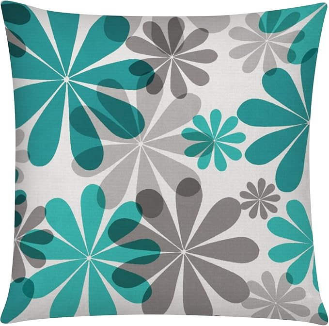 COMMINY Set of 6 Teal Grey Pillow Covers 18x18 Inch Decorative Daisy Dahlias Throw Pillow Cover Farmhouse Rustic Turquoise Pillow Case for Couch Living Room Patio
