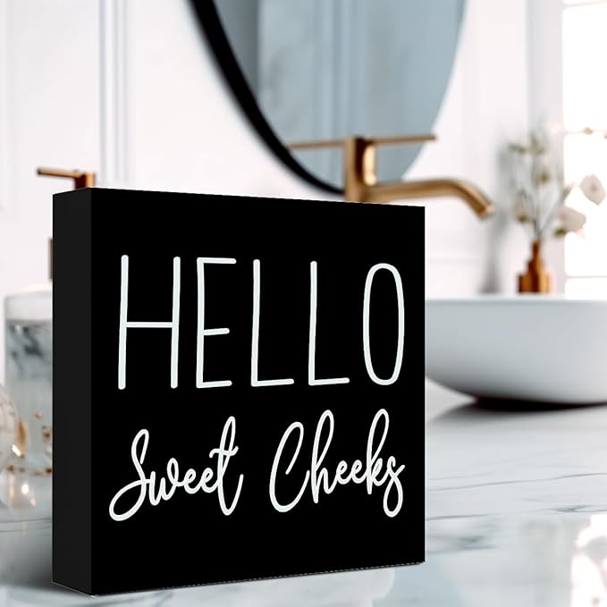 LVQHI Cute Bathroom Shelf Decor, Hello Sweet Cheeks Sign Wooden Box for Shelves Toilet Restroom Tabletop Decoration, Funny Black Bathroom Sign Decor, 5'' L x 5" H ﻿