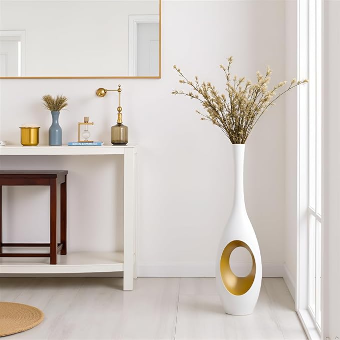 23.6 Inch White Vases – Modern Oval Floor Vase with Gold Cutouts & Slim Neck, Luxury Decorative Tall Vases for Living Room, Wedding, Office Decor – Resin Tall Floor Vase