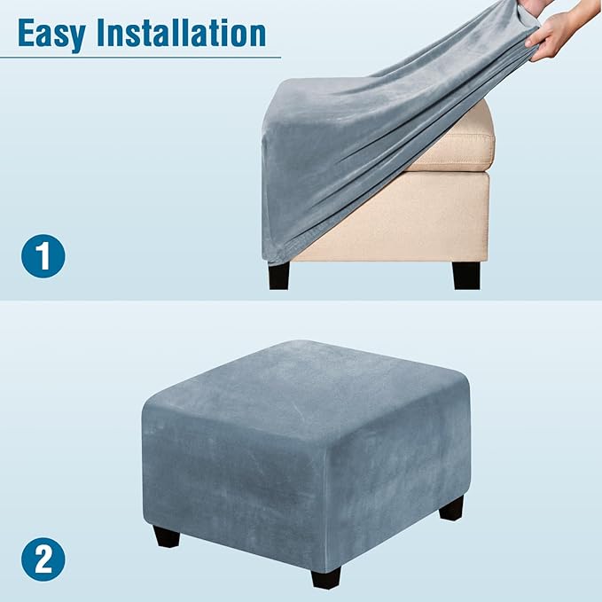H.VERSAILTEX Square Ottoman Covers Ottoman Slipcover Square Footstool Protector Covers Storage Stool Ottoman Covers Stretch with Elastic Bottom, Feature Real Velvet Plush Fabric, Stone Blue