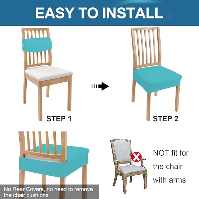 Smiry Waterproof Seat Covers for Dining Room Chairs Set of 2, Stretch Jacquard Removable Washable Chair Seat Slipcovers Protector, No Rear Covers, Aqua