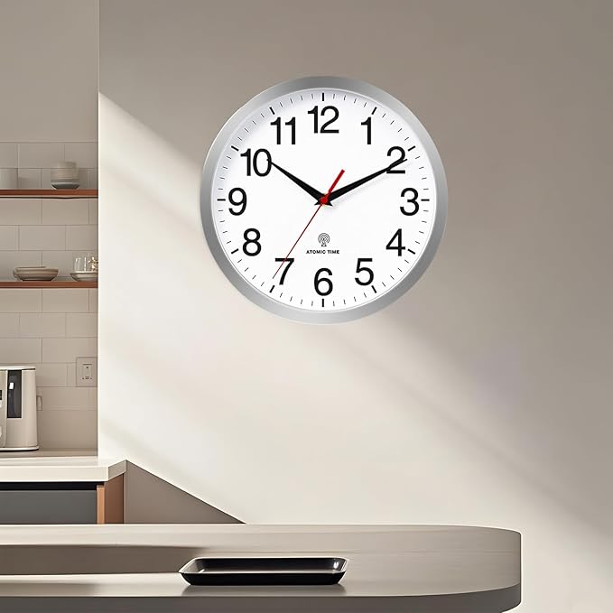Atomic Wall Clock Modern 10 Inch Battery Operated Analog Clock Decorative for Bedroom Kitchen Bathroom Office Home Living Room (Silver)