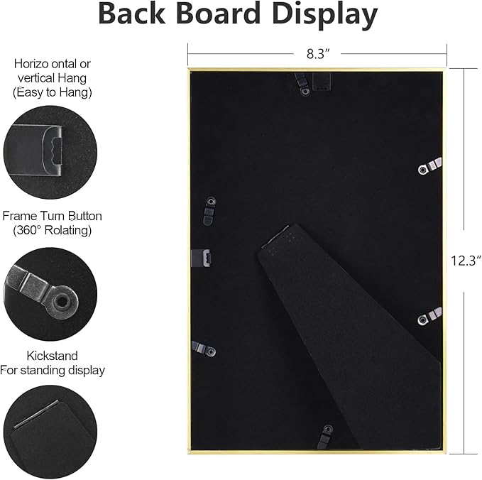 8x12 Picture Frame Set of 3, Matte Gold Modern Thin Aluminum Metal Photo Frame with HD Glass, Fits 6x8 with Mat or 8 x 12 without Mat, for Tabletop and Wall Mounting