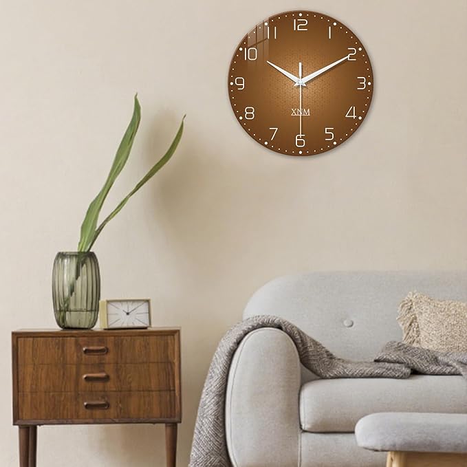 XNM Kitchen Wall Clocks Battery Operated 14 Inch Round Brown Simple Wall Clock Modern Glass Minimalist Wall Clock Silent