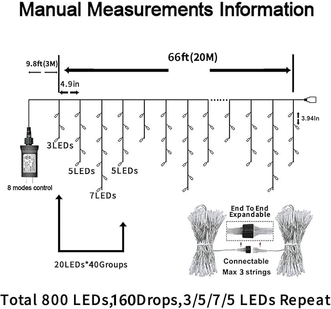 YEGUO 66ft 800 LED Icicle Lights Outdoor Waterproof, 160 Drops Icicle Christmas Light Connectable, 8 Modes White Icicle Xmas Lights with Timer Memory