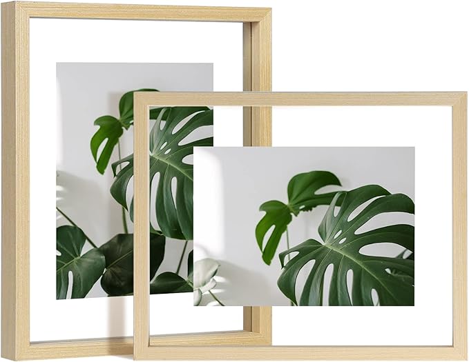 Egofine 8x10 Floating Frames Set of 2, Double Plexiglass Picture Frame, Made of Solid Wood Display Any Size Photo up to 8x10, Wall Mount or Tabletop Standing, Natural Wood
