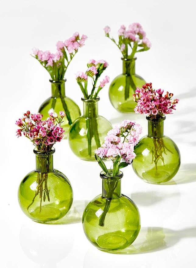 Serene Spaces Living Set of 36 Green Ball Bud Vases, Transparent Glass Vases for Weddings, Events, Parties, Floral Centerpieces for Home Decor, Measures 4" Tall