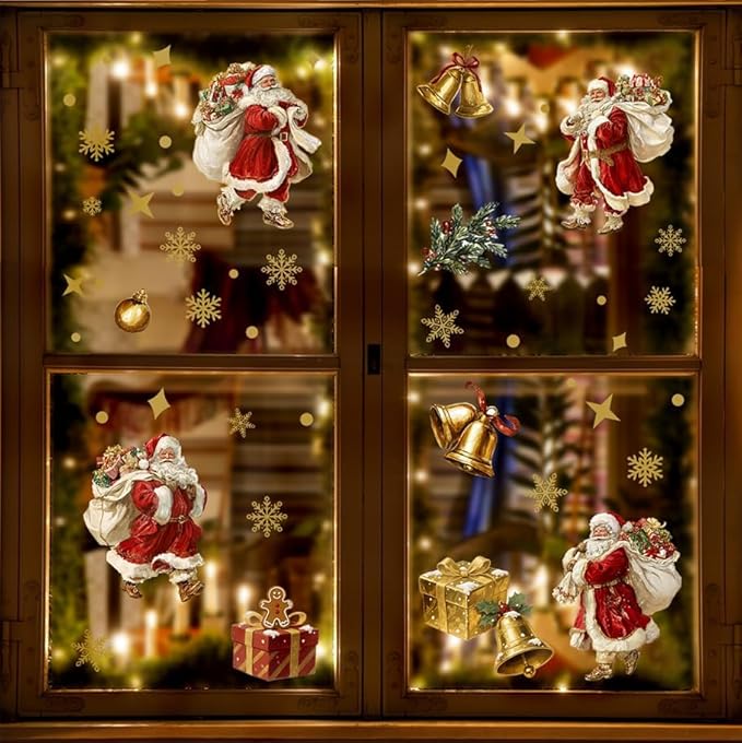 Vintage Santa Claus Christmas Wall Decals | Peel and Stick Retro Holiday Decorations – Removable Gold Snowflake & Gift Vinyl Stickers for Walls, Windows, Office, and Seasonal Décor