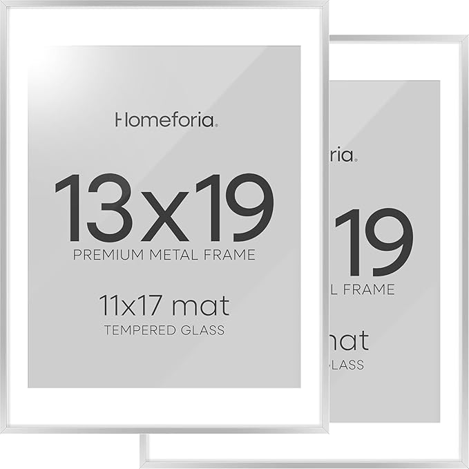 Homeforia 13 x 19 Frame Silver, High End Metal 13 x 19 Picture Frames with Mat 11 by 17 Photo, 13x19 Silver Poster Frame Matted to 11x17 Print, 19x13 Hanging Frames, Tempered Glass, Wall Kit, Set of 2