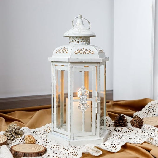 JHY DESIGN Rustic Decorative Lanterns 12" H Medium Candle Lantern Vintage Metal Candle Holder for Indoor Outdoor, Events, Parities, Patio and Wedding(White with Gold Brush)