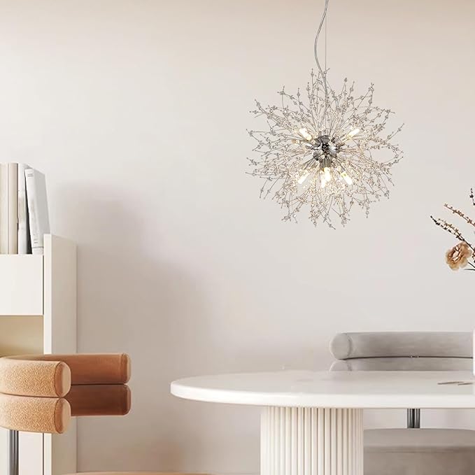 8-Light Modern Firework Chandeliers, Round Sputnik Hanging Lamp, Chrome Crystal Beaded Lighting, Small Dandelion Pendant Light for Entryway Dining Room Kitchen Island (Chrome, D15.7inch)