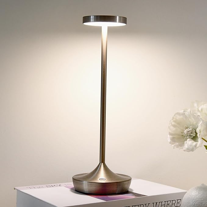 LED Cordless Table Lamp Rechargeable，Outdoor Battery Operated Desk Lamp Touch 3 Color Dimming Portable Waterproof Night Light for Patio/Restaurant/Dining/Home（Chrome