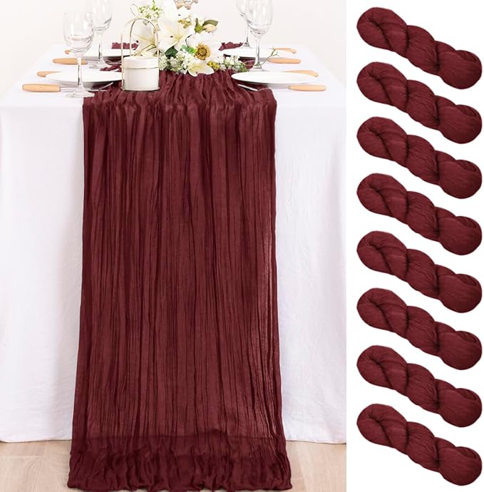 MLMC 8 Pack Burgundy Cheesecloth Table Runner Boho Rustic Gauze Fall Wine Red Cheese Cloth Table Runner Cheese Cloth Decor 35x120 Inches for Wedding Winter Reception Christmas Home Decor