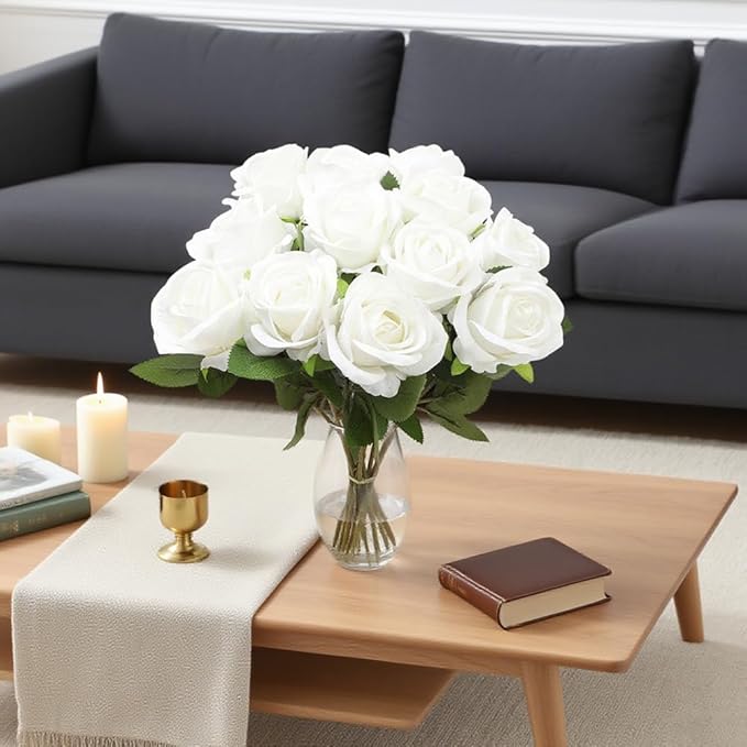 Jasion 50PCS Artificial Roses Realistic Velvet Silk Fake Flowers Long Stem Faux Flowers Bouquet for Wedding Home Party Table Centerpieces Decoration (White)