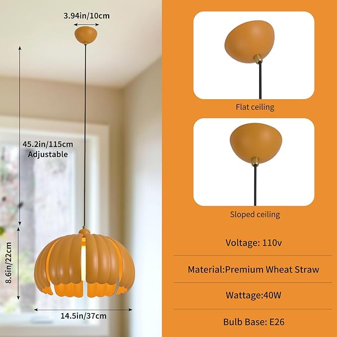 Mid Century Modern Pendant Light Fixture, 14.5 inch Pumpkin Orange Ceiling Light with Wheat Straw Material Shape, Semi Flush Mount Ceiling Lamp for Kitchen Island, Dining Table, Hallway Lighting