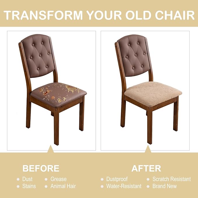 Waterproof Seat Cover for Dining Room Chair Seat Covers Washable Kitchen Chair Seat Slipcovers Protector (Khaki, 4 PCS)