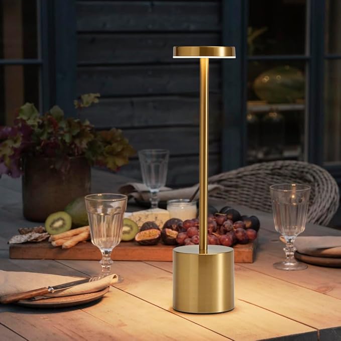 2 Pack LED Cordless Table Lamp, Portable 5000mAh Rechargeable Bedside Lamp, Touch Control Outdoor Table Lamps, 3 Color Dimmable Battery Operated Lamps for Bedroom//Restaurant/ Patio/ Outdoor - Gold